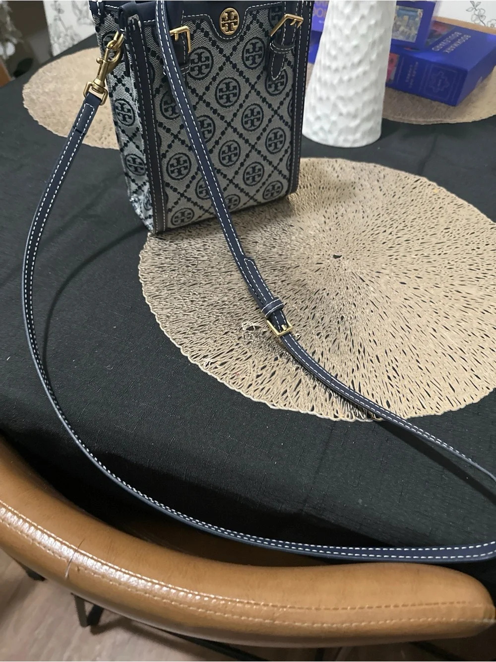 Tory Burch Navy and Cream Monogram Mini Tote